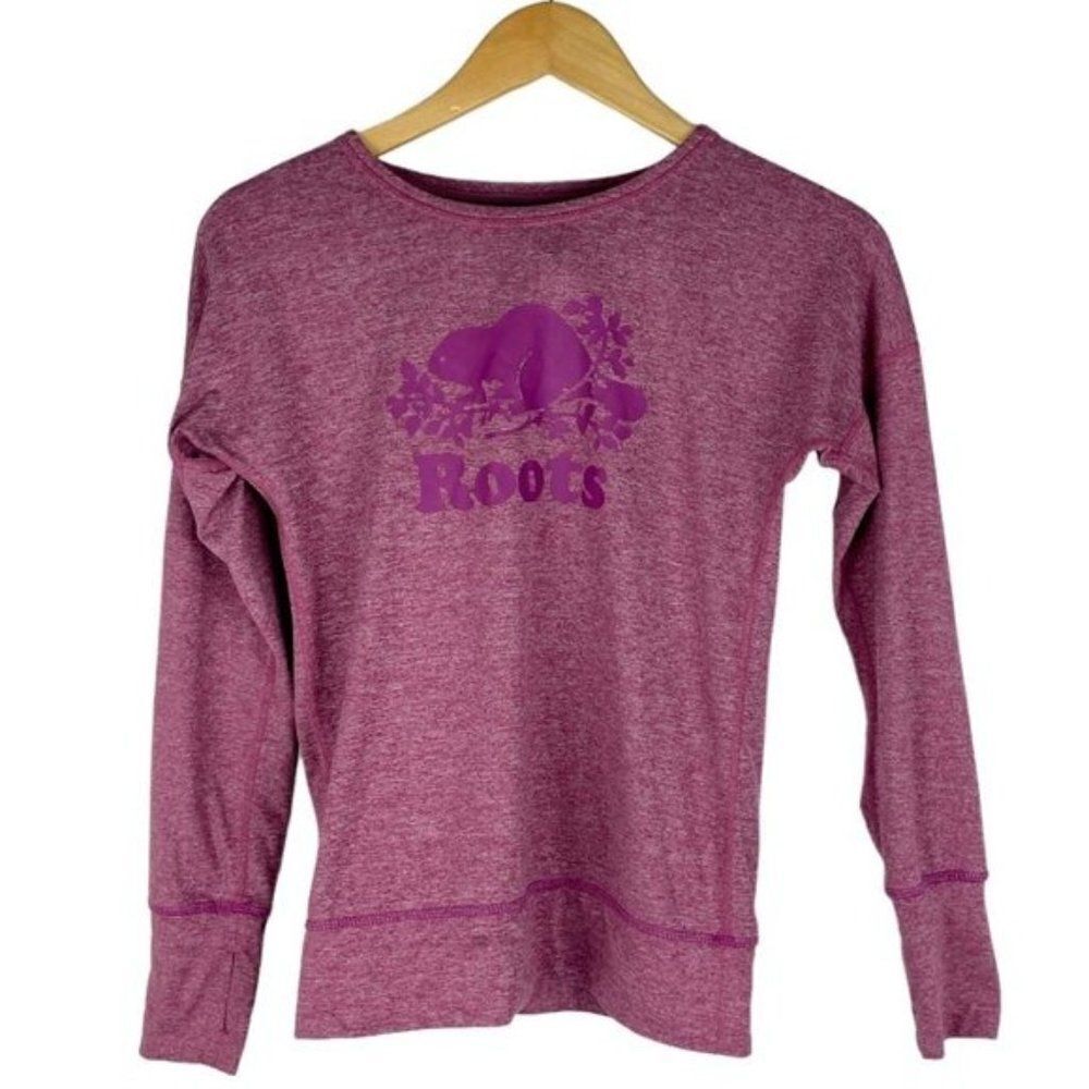 Roots Women's Marled Fuchsia Purple Round Neck Long Sleeve Logo T Shirt US XS